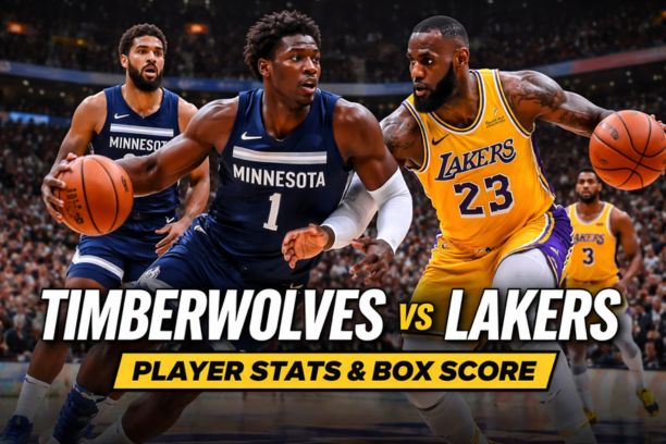 Timberwolves vs Lakers match player stats game action featuring Anthony Edwards driving against LeBron James during NBA matchup