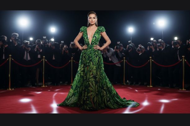 Jennifer Lopez inspired green Versace jungle print dress with plunging neckline on red carpet, surrounded by photographers at a glamorous event