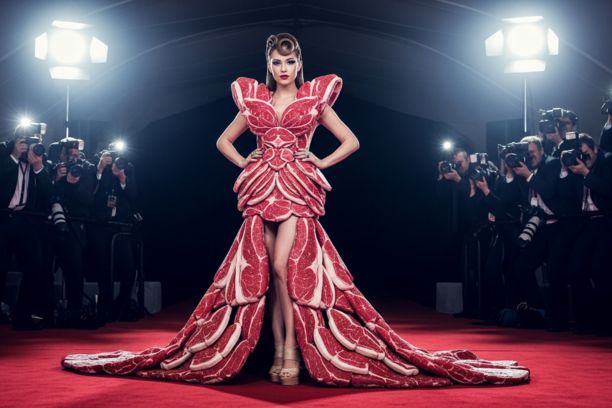 Lady Gaga meat dress inspired avant-garde red outfit on red carpet with photographers, representing bold and controversial fashion statement