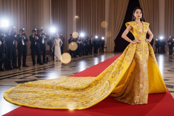 Rihanna inspired yellow Guo Pei couture gown with long embroidered train on red carpet, showcasing dramatic Met Gala fashion moment