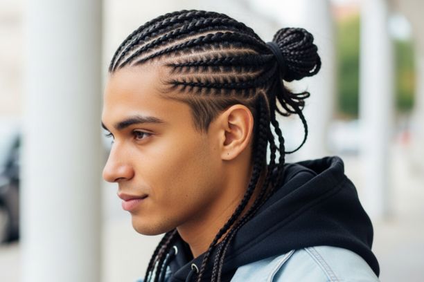Man with 4 corn rolls braided into a neat bun, an easy and clean protective hairstyle for men.