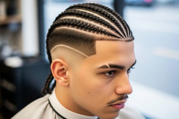 Man with 4 cornrows hairstyle combined with sharp fade, modern clean braided look for men