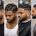 Man with clean 4 cornrows hairstyle and fade, modern braided look for men