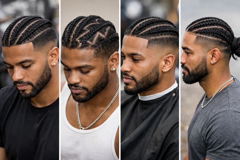 Man with clean 4 cornrows hairstyle and fade, modern braided look for men