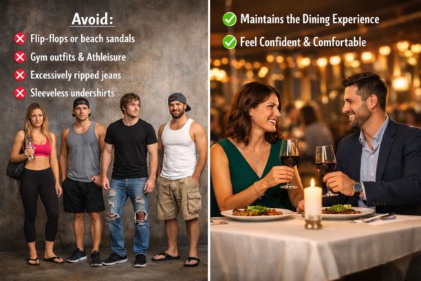 What not to wear to Fogo de Chão including gym clothes, flip-flops, ripped jeans, and overly casual outfits