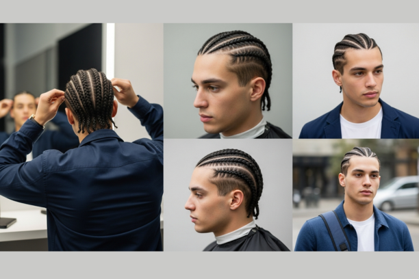 Man with 4 cornrows hairstyle showing clean, low maintenance braided style with fade from multiple angles