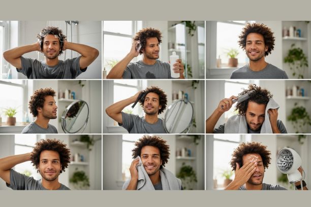 Man demonstrating curly hair care routine using conditioner, wide-tooth comb, towel drying, and diffuser for natural curly hair styling and frizz control