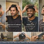 Men’s curly hair styling routine showing steps from damp hair to defined natural curls using leave-in conditioner, scrunching, and air drying