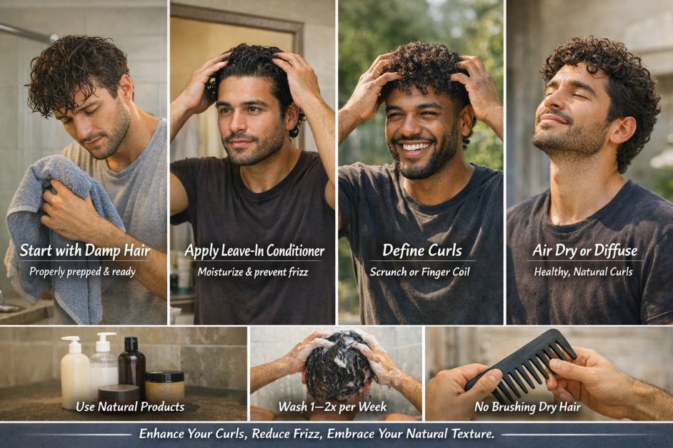 Men’s curly hair styling routine showing steps from damp hair to defined natural curls using leave-in conditioner, scrunching, and air drying