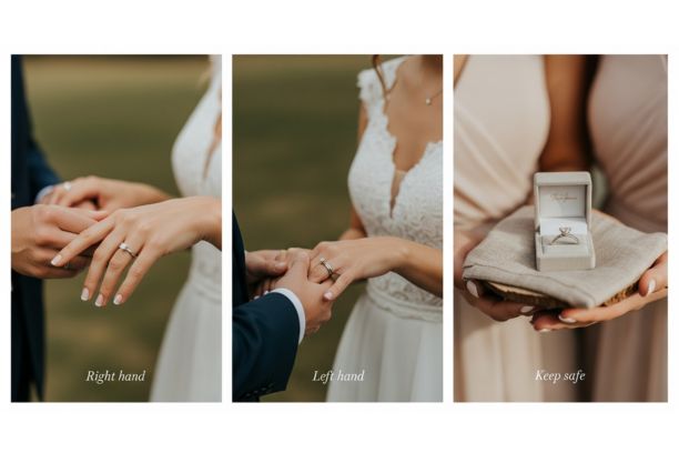 Bride showing engagement ring options during wedding ceremony – right hand, left hand, or safely stored before ring exchange