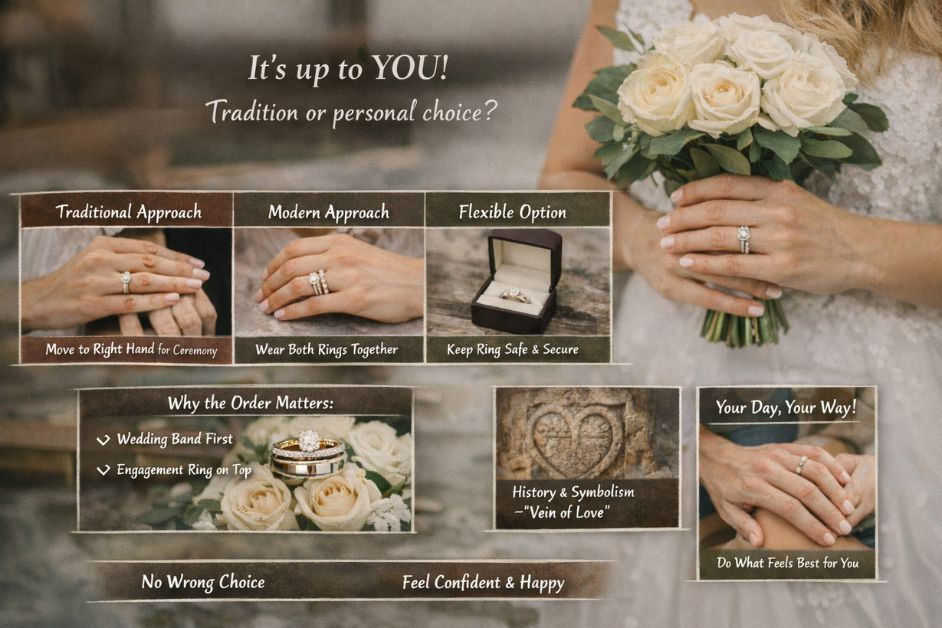 Do you wear your engagement ring on your wedding day guide showing traditional, modern and flexible ring placement options with bridal hands and wedding rings