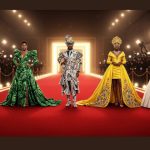 Iconic red carpet fashion moments featuring five models in elegant gowns and bold couture outfits at a glamorous fashion event runway