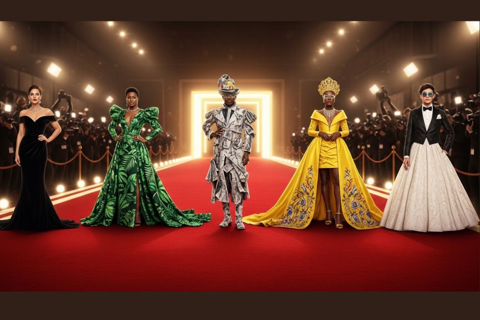Iconic red carpet fashion moments featuring five models in elegant gowns and bold couture outfits at a glamorous fashion event runway