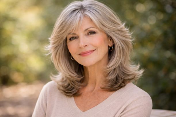 Feathered layered haircut for women over 60 with fine silver hair and soft outward layers