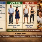 Fogo de Chão dress code guide showing smart casual outfits for men and women, including what to wear and what to avoid like gym wear and flip-flops