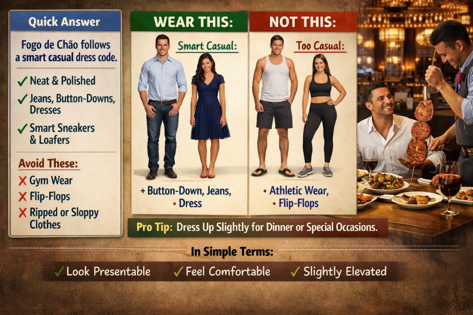Fogo de Chão dress code guide showing smart casual outfits for men and women, including what to wear and what to avoid like gym wear and flip-flops