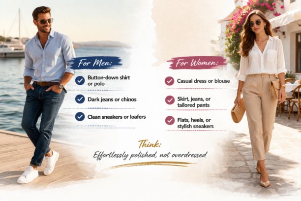 Fogo de Chão smart casual dress code outfits for men and women showing button-down shirts, jeans, dresses, and stylish shoes for a polished dining look