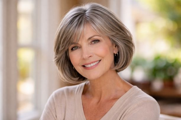 Short layered bob hairstyle for women over 60 with fine gray hair and natural volume