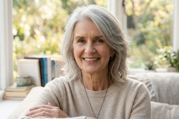 Shoulder-length layered haircut for women over 60 with fine silver hair and natural volume