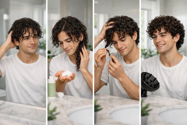 Man styling curly hair step by step using leave-in conditioner, curl cream, finger coiling, and diffuser for natural curl definition and frizz-free results