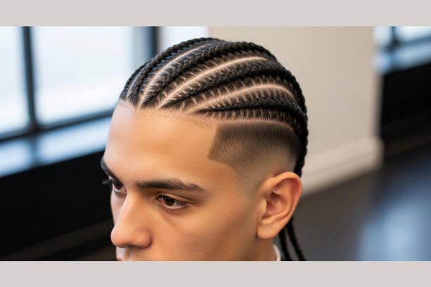 Man with straight back 4 cornrows hairstyle and clean fade, classic simple braided look for men