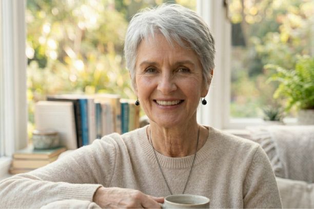 Low-maintenance wash-and-wear crop haircut for women over 60 with fine gray hair and natural light texture