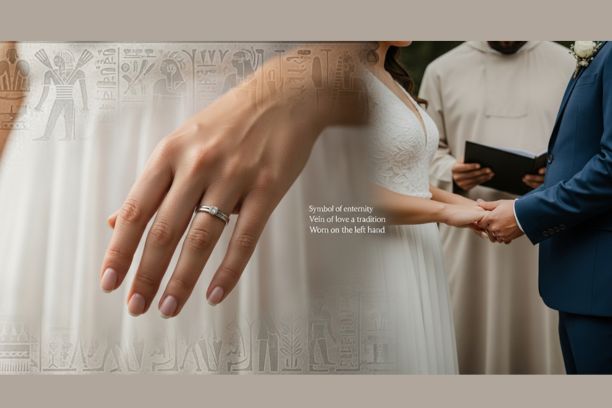 bride wearing engagement ring on left hand during wedding ceremony symbolizing vena amoris and ancient wedding ring traditions