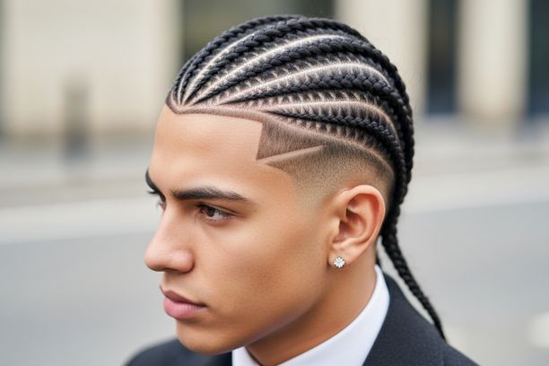 Man with zig-zag 4 cornrows hairstyle and sharp fade, stylish patterned braided look for men