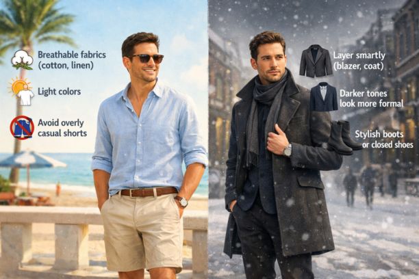 Seasonal outfit tips for Fogo de Chão dress code showing summer breathable fabrics and winter layered smart casual outfits