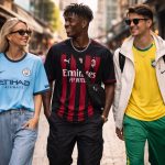 Football-inspired streetwear in Australia featuring young adults wearing oversized soccer jerseys, sneakers, and casual urban outfits on a city street