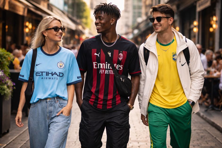 Football-inspired streetwear in Australia featuring young adults wearing oversized soccer jerseys, sneakers, and casual urban outfits on a city street