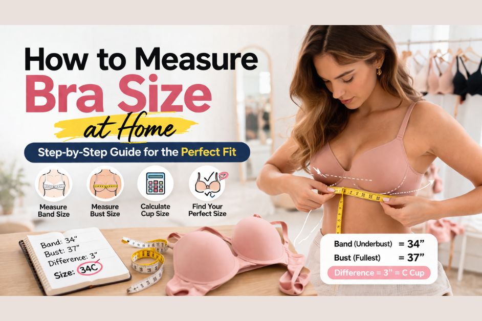 Woman measuring bra size at home using tape measure showing how to measure bra size step by step for perfect fit band and bust calculation