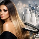 Nanoplasty hair treatment result showing smooth, straight, shiny long hair with salon tools and molecular elements representing formaldehyde-free hair straightening process