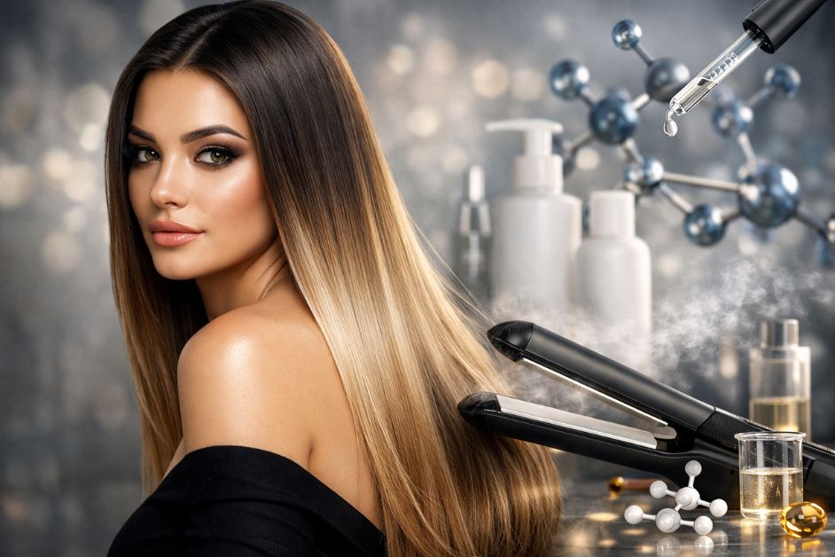 Nanoplasty hair treatment result showing smooth, straight, shiny long hair with salon tools and molecular elements representing formaldehyde-free hair straightening process