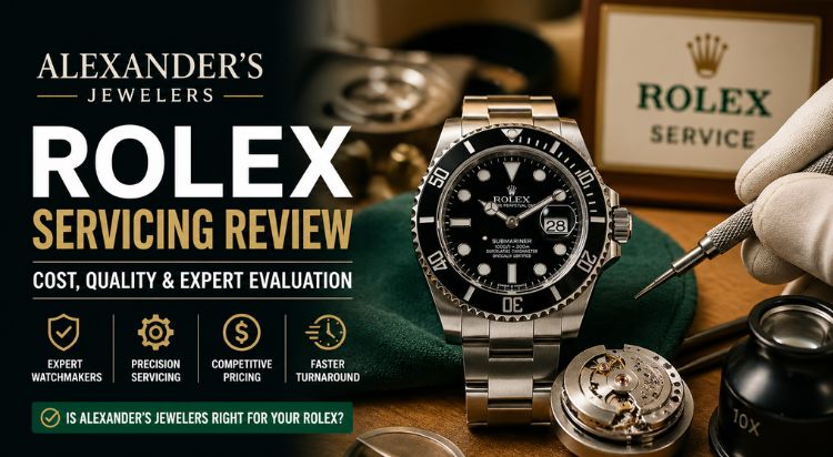 Alexander’s Jewelers Rolex servicing review showing Rolex Submariner with watchmaker tools highlighting cost, quality, and expert evaluation