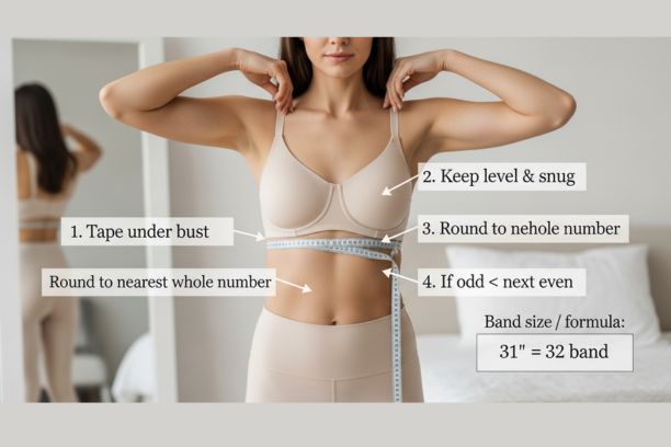 Woman measuring underbust with tape showing how to measure bra size correctly for band size calculation at home step by step guide